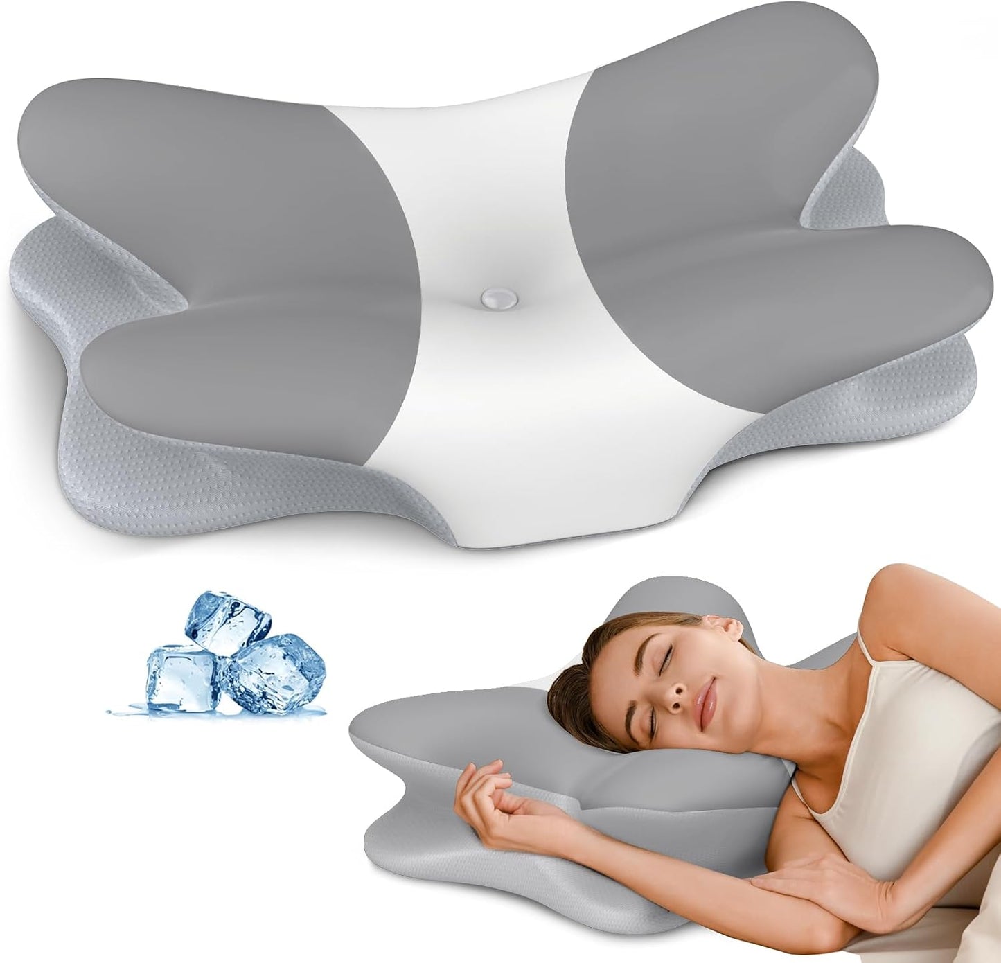 Cervical Pillow for Neck Pain Relief, Ergonomic Neck Pillow for Sleeping, Contour Pillow for Neck Support, Memory Foam Pillows for Reading & Bed Rest Pillows for Side Back Stomach Sleepers(White&Grey)