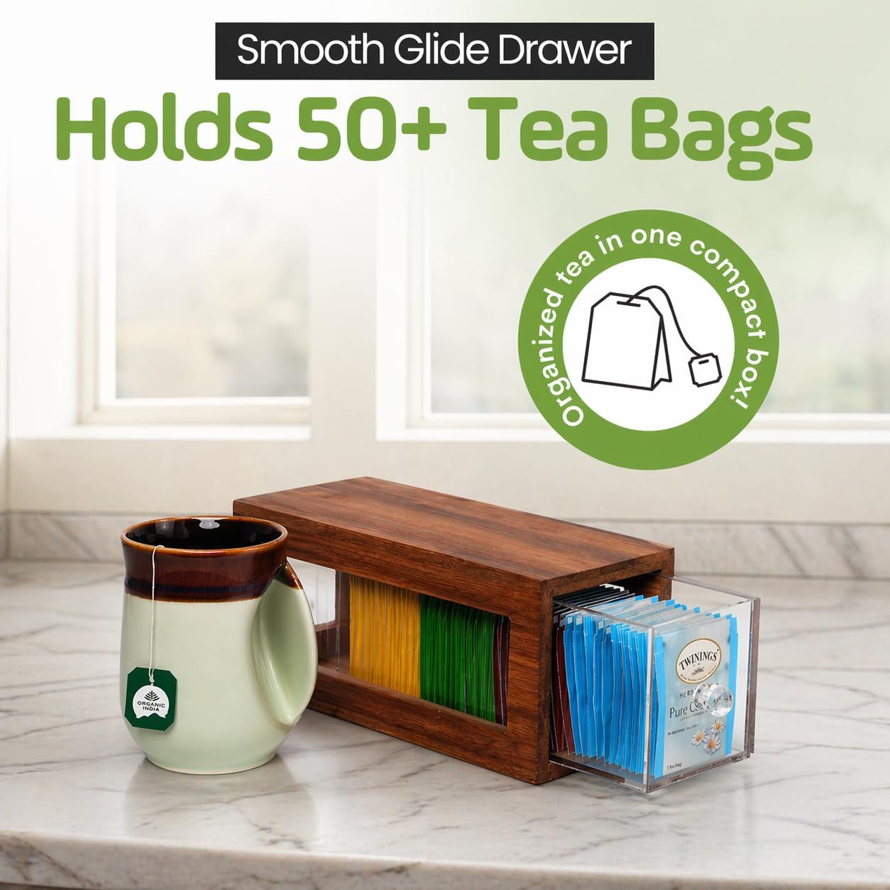Bamboo and Acrylic Drawer Tea Bag Holder- Durable & Elegant Tea Bag Storage Holder for Kitchen Countertop, Space-Saving Tea Drawer Organizer