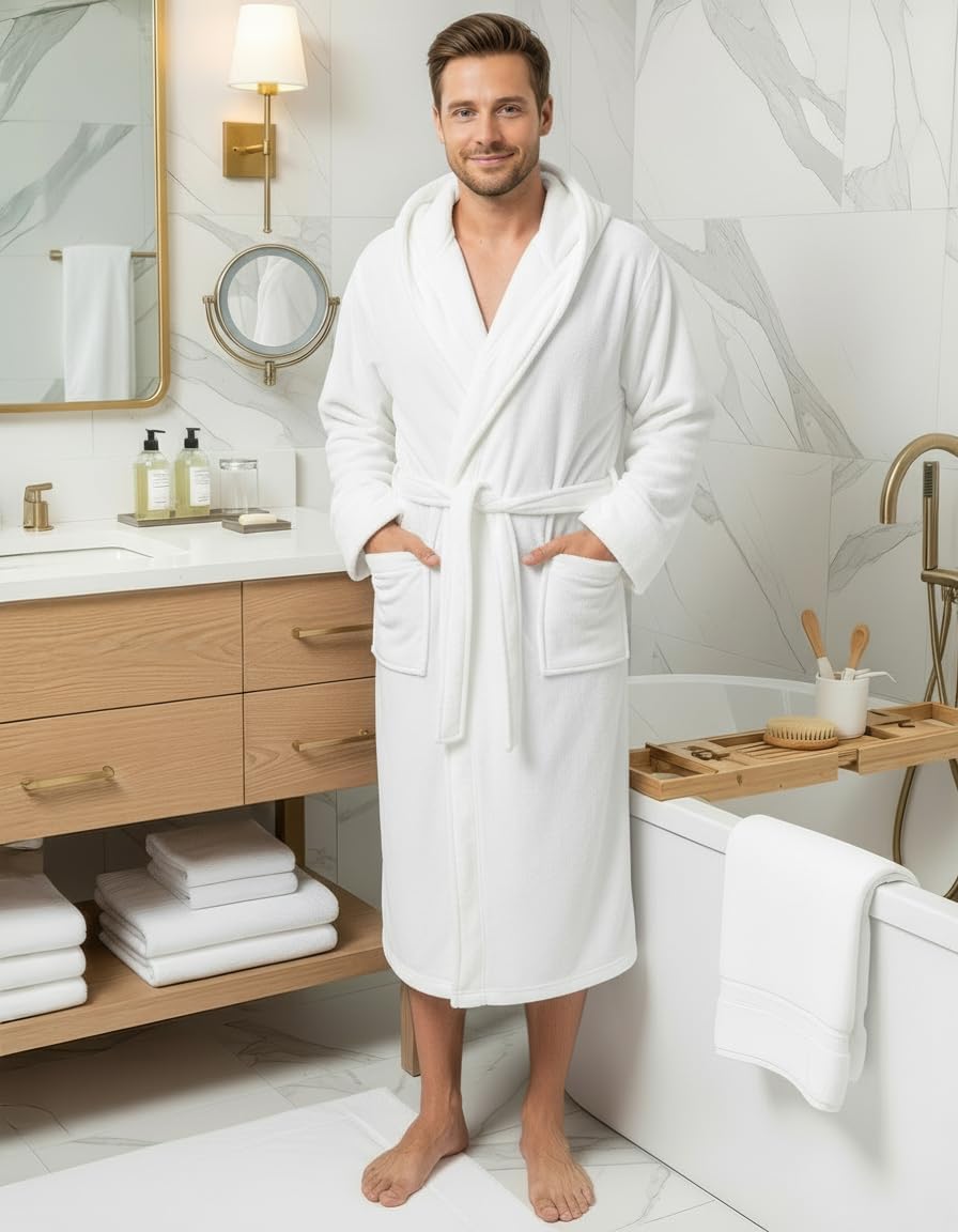 NY Threads Mens Robe with Hood, Luxury Plush Fleece Hooded Mens Bathrobe, Spa Bath Robe for Men