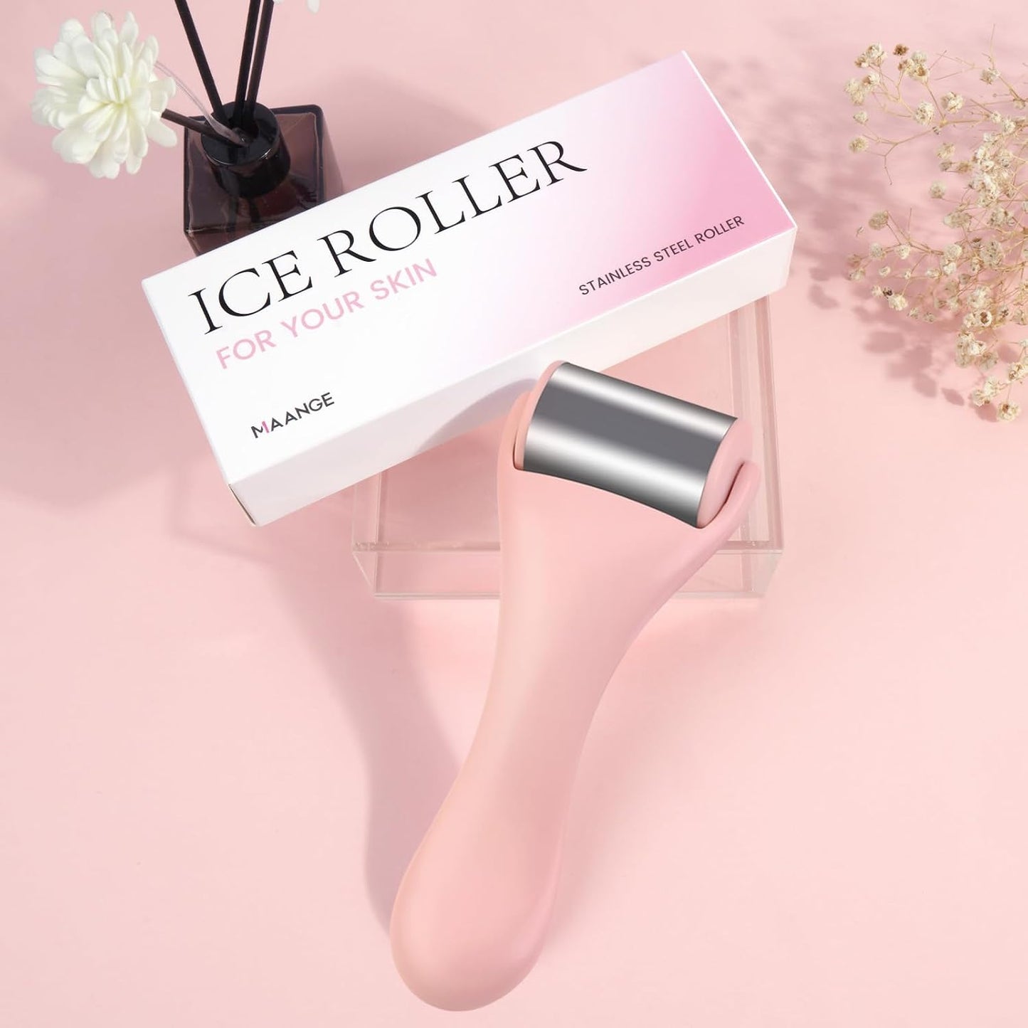 Ice Roller for Face and Eye 2 Pcs,Face Roller Skin Care for Puffiness,Migraine,Pain Relief,Eye Roller For Puffy Eyes Dark Circles,Stainless Steel Facial Roller (Pink)