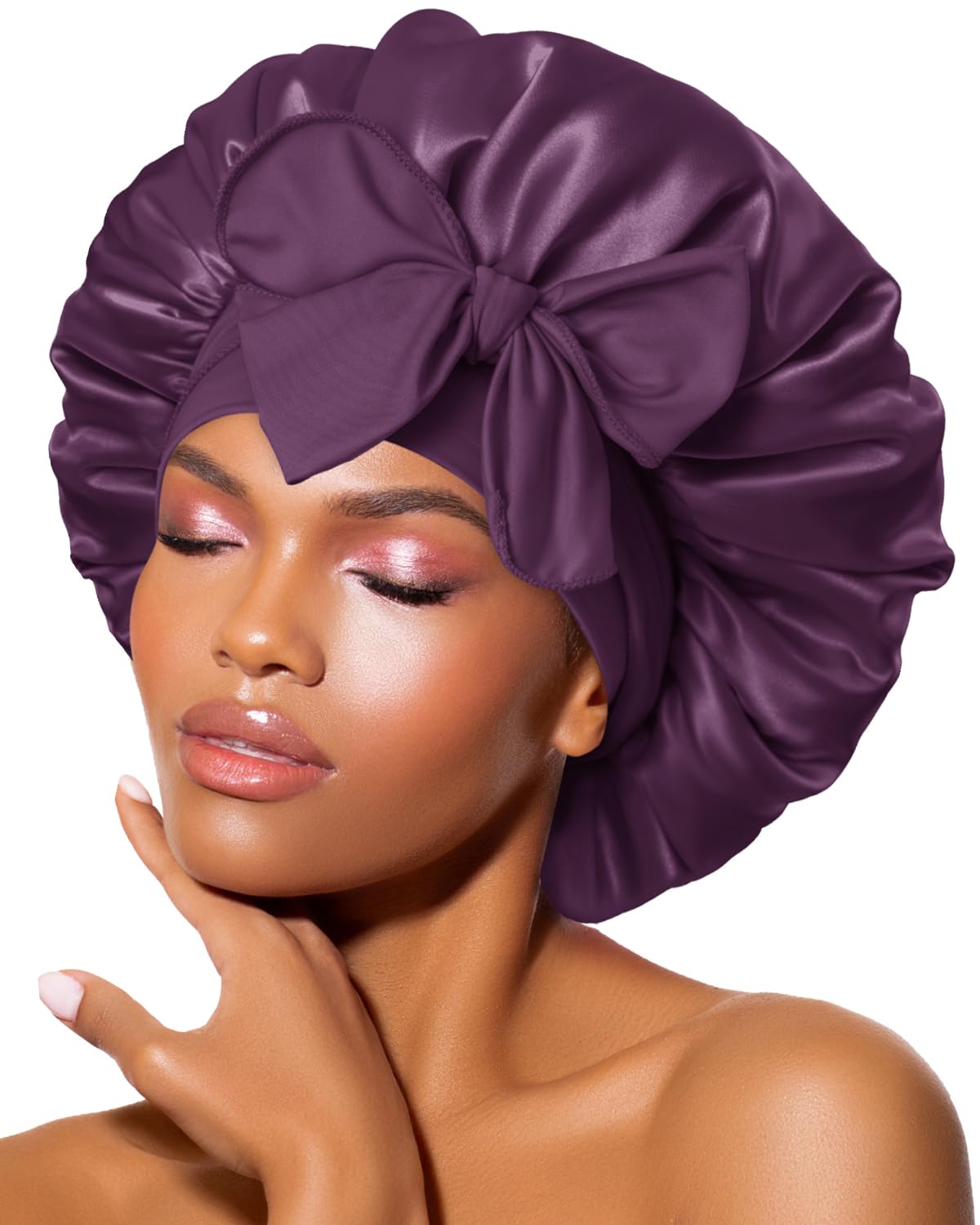 BONNET QUEEN Silk Bonnet for Sleeping for Women Satin Bonnet Night Cap for Curly Hair with Tie Band, Single Layer, Cream Pink