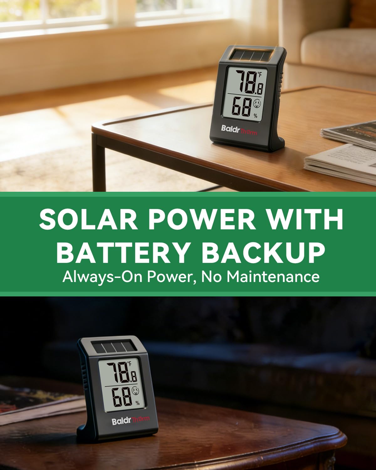BALDR 4-Pack Digital Hygrometer Thermometer, Solar Power with Battery Backup Temperature and Humidity Monitor, Mini Room Thermometer with Comfort Indicator (White)
