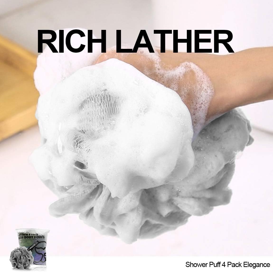 WhaleLife Loofah Bath Sponges - Black Gentle Exfoliating Shower Loofah for Rich Lather, Durable Mesh Body Scrubber for Men & Women 4 Pack