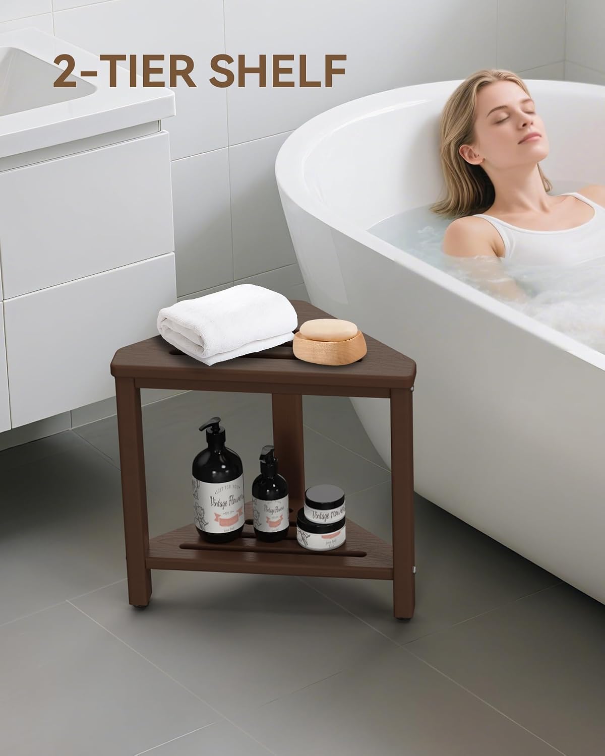 Shower Foot Rest 15in, HDPE Waterproof Shower Stool for Inside Shower, Corner Shower Stool for Shaving Legs with Storage Shelf for Small Space, Shower Step Stool, Plastic Corner Shower Bench, White