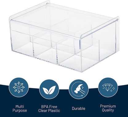 RoyalHouse Acrylic Tea Bag Holder Storage Organizer, 6 Compartment BPA Free Clear Plastic Tea Box with Lid, Multi-Purpose storage Box for Tea Bags, Office Supplies, Crafts, and Small Items.