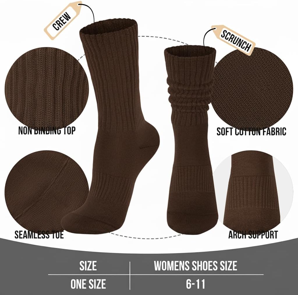 Womens Scrunch Crew Socks: Retro Solid Slouch Mid Calf Socks - Cotton Casual Athletic Socks