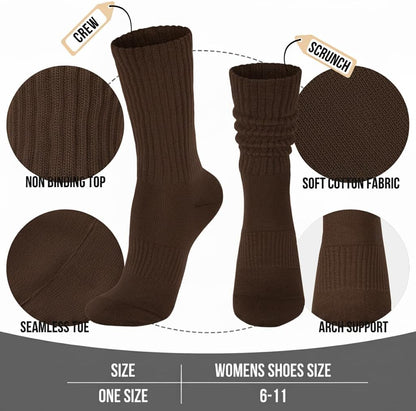 Womens Scrunch Crew Socks: Retro Solid Slouch Mid Calf Socks - Cotton Casual Athletic Socks