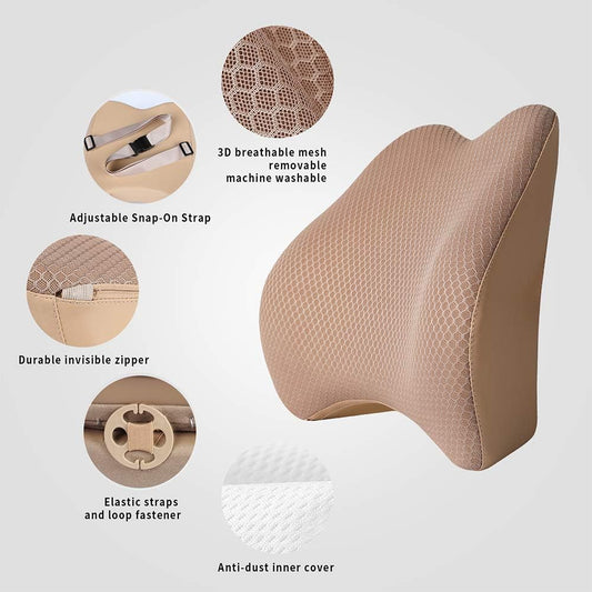 Memory Foam Lumbar Support Pillow for Car - Lower Back Support Cushion for Driving, Back Pain Relief for Car Seat, Office Chair, Wheelchair (Gray)