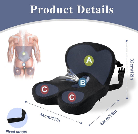 Car Seat Cushion, Memory Foam Driving Cushion with Adjustable Strap, Ergonomic Pad for Car & Semi Truck, Office Chair Cushion for Sciatica & Lower Back Pain Relief, Dark Gray