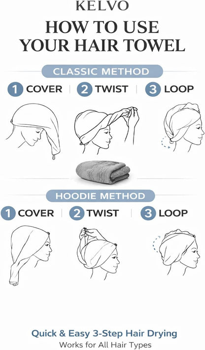 KELVO Microfiber Hair Towel Wrap for Women-Pack of 3, 350 GSM Super Absorbent Quick Dry Hair Turban Anti-Frizz Head Wrap for Curly, Long & Thick Hair Soft Hair Drying Towel (Checkered, Mixed Color)