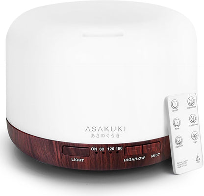 ASAKUKI Essential Oil Diffuser for Home, 500ML Aromatherapy Diffuser Humidifier with Remote Control, 7 Color LED Lights, Quiet Cool Mist Diffuser for Bedroom, Living Room, Office (White)