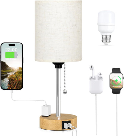 Small Bedside Table lamp for Bedroom - 3 Color Temperatures Bedside Lamps with USB C and A Ports, Pull Chain Table Lamps with AC Outlet, White Nightstand Lamps with Black Metal Base for Kids Reading