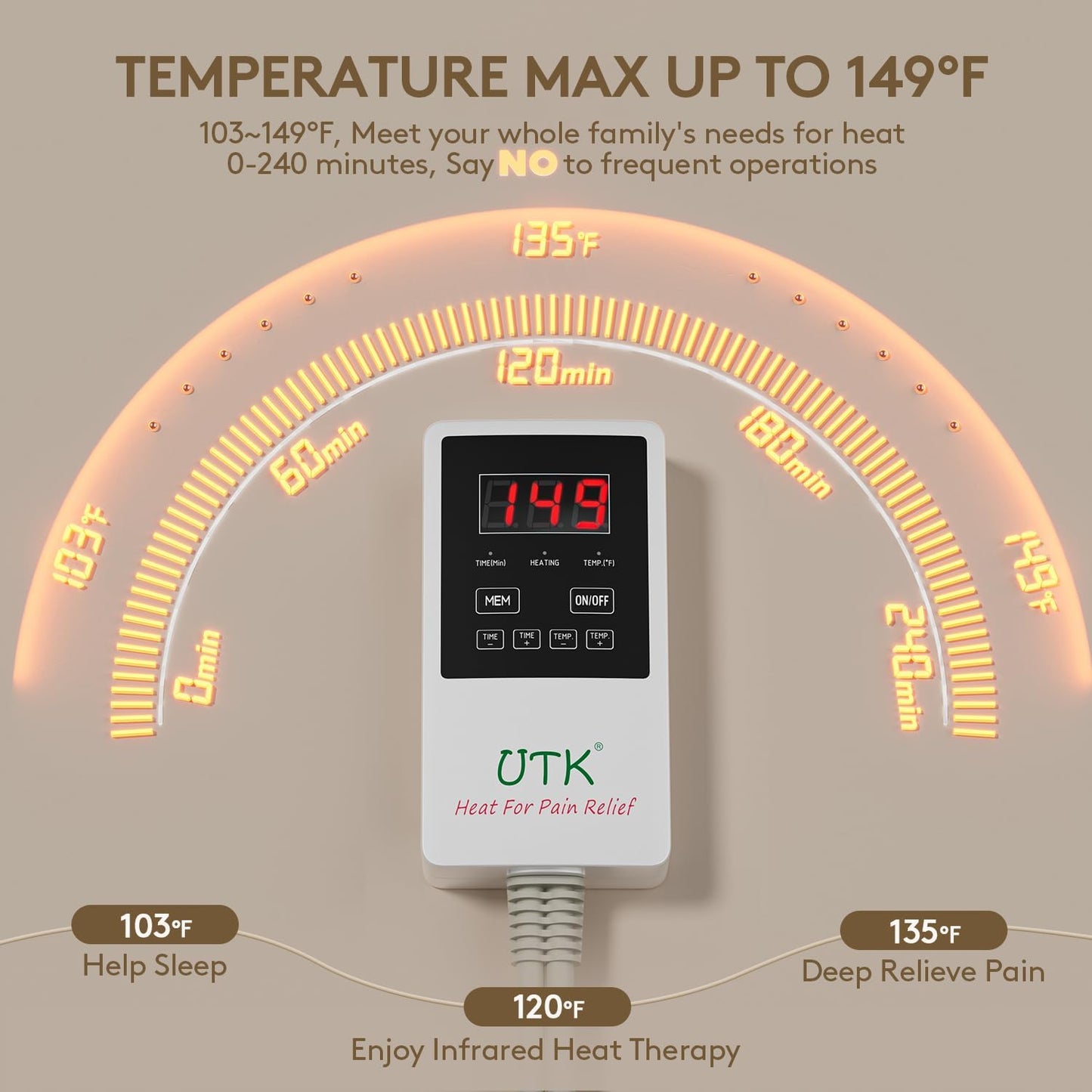 UTK Heating Pad for Back, 5X Deeper Back Pain Relief, Far Infrared Heating Pad with Natural Jade, FSA-HSA Eligible, Hotter to 149℉, 4H Auto Off, Travel Bag, Memory Function, 23.5"×16", Gifts for Women