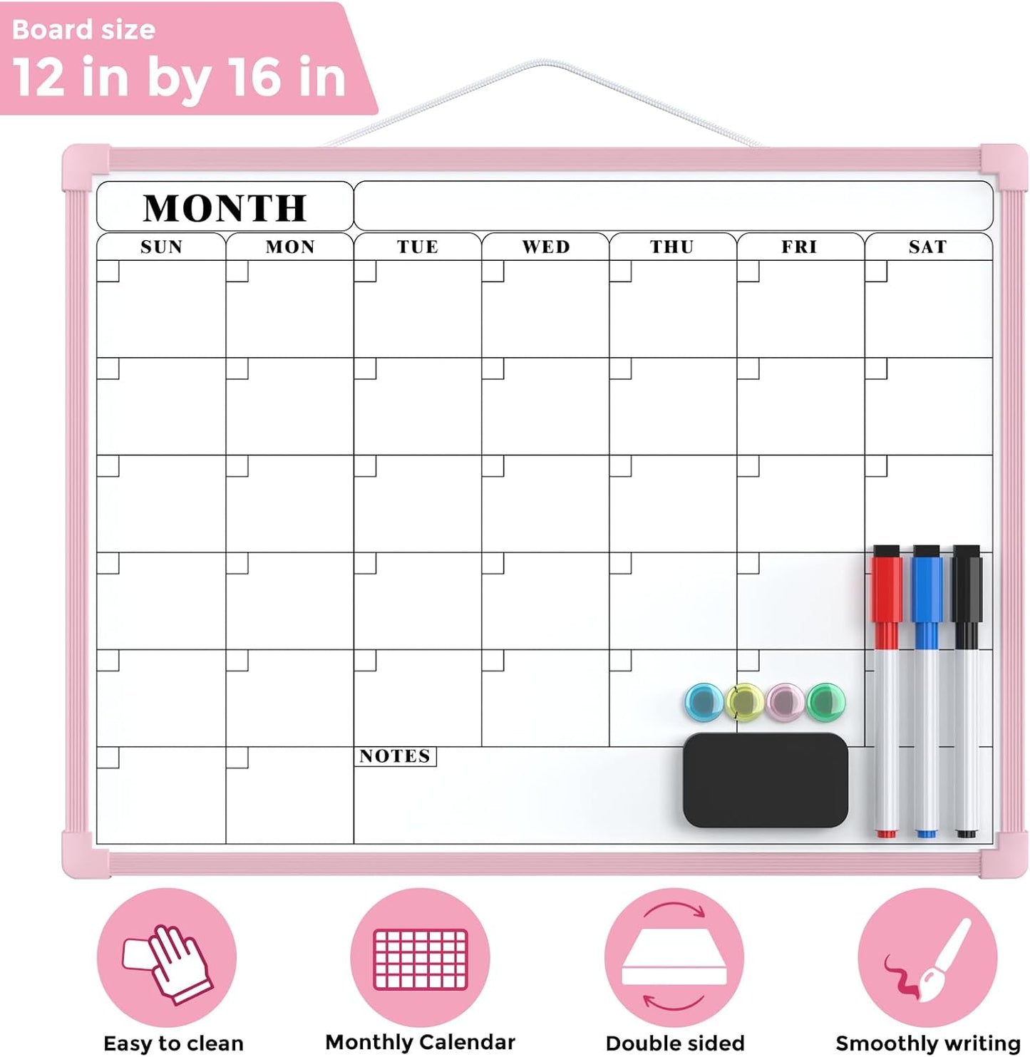 MaxGear Monthly Calendar Dry Erase Board for Wall, 16"x12", White Frame | Double-Sided, Hanging Small White Board, Portable Whiteboard for Planning, Drawing, Memo, to Do List, Home, Kitchen, Office