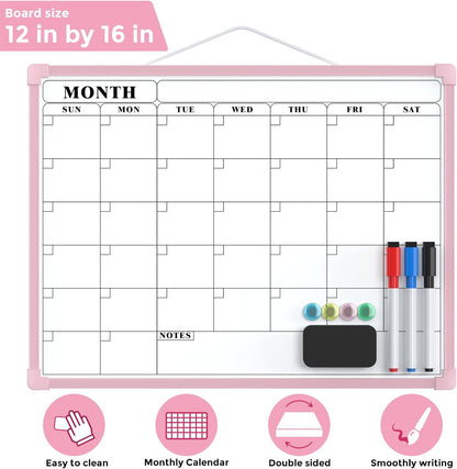 MaxGear Monthly Calendar Dry Erase Board for Wall, 16"x12", White Frame | Double-Sided, Hanging Small White Board, Portable Whiteboard for Planning, Drawing, Memo, to Do List, Home, Kitchen, Office