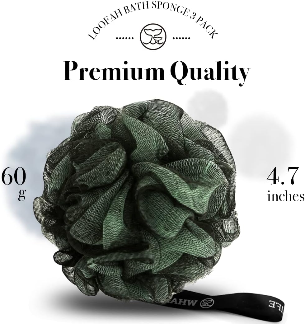 WhaleLife Loofah Bath Sponges - Black Gentle Exfoliating Shower Loofah for Rich Lather, Durable Mesh Body Scrubber for Men & Women 4 Pack