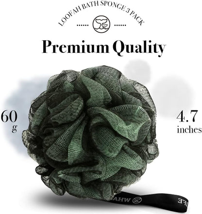 WhaleLife Loofah Bath Sponges - Black Gentle Exfoliating Shower Loofah for Rich Lather, Durable Mesh Body Scrubber for Men & Women 4 Pack