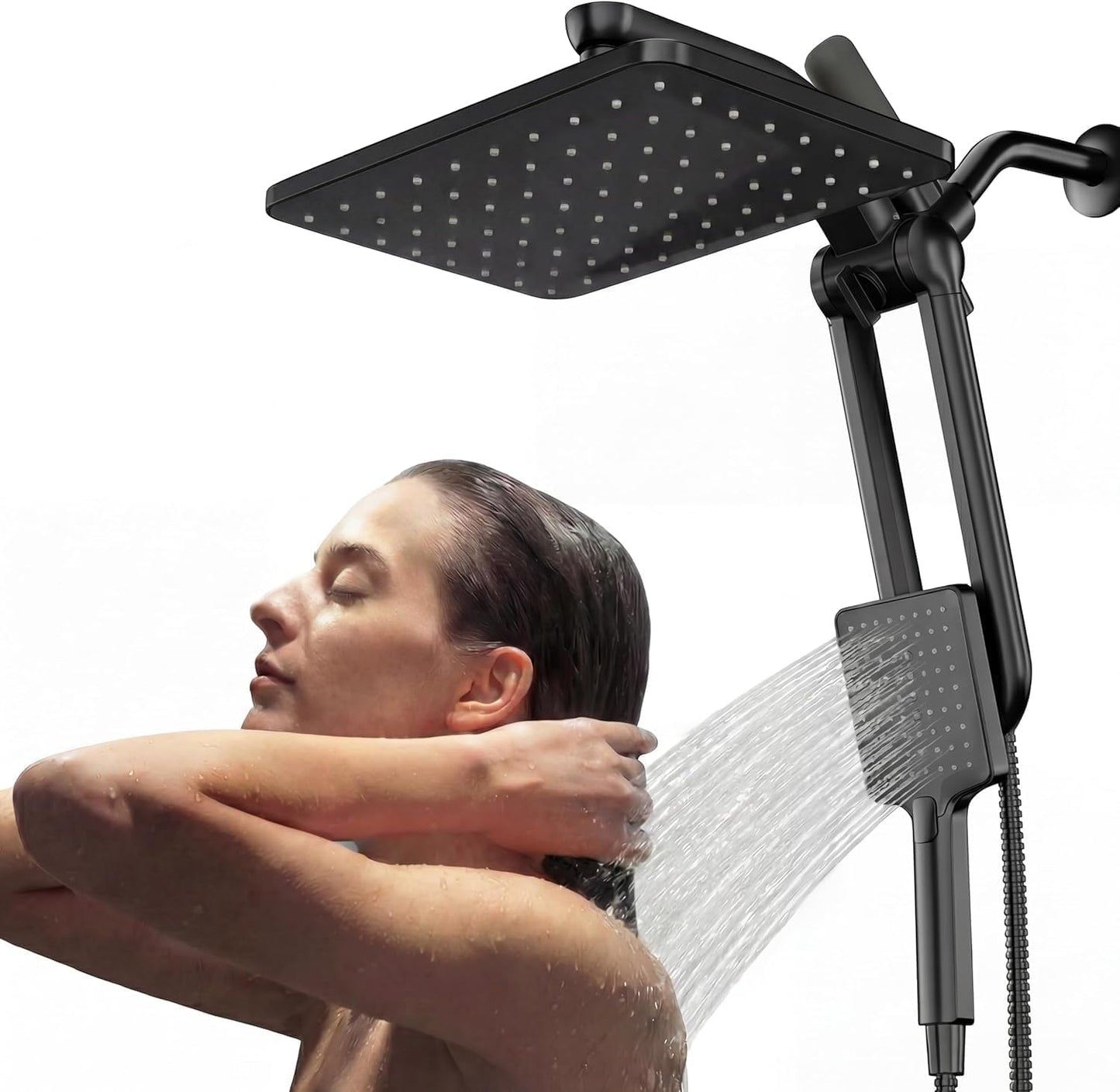 Dual Filtered Rainfall Handheld Shower Head Spray Combo, DAKINGS 7-Mode Shower Head With Handheld Spray Combination, Upgraded 11" High Flow Rain Handheld Spray Combo With Fixed Showerhead, Matte Black
