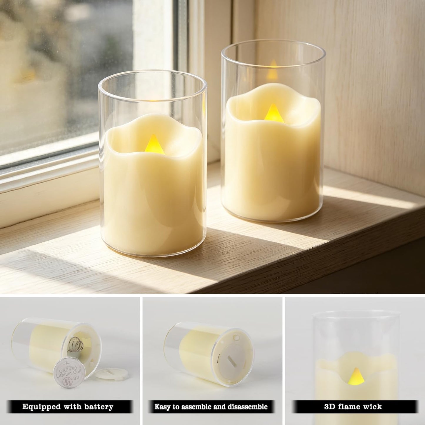 24 Pcs LED Flameless Candles with Remote, 3D Flickering Flame & LED String Lights, Acrylic Clear Cylinder, Timer Function, Romantic Ambience for Home Decor, Party, Wedding (Ivory).