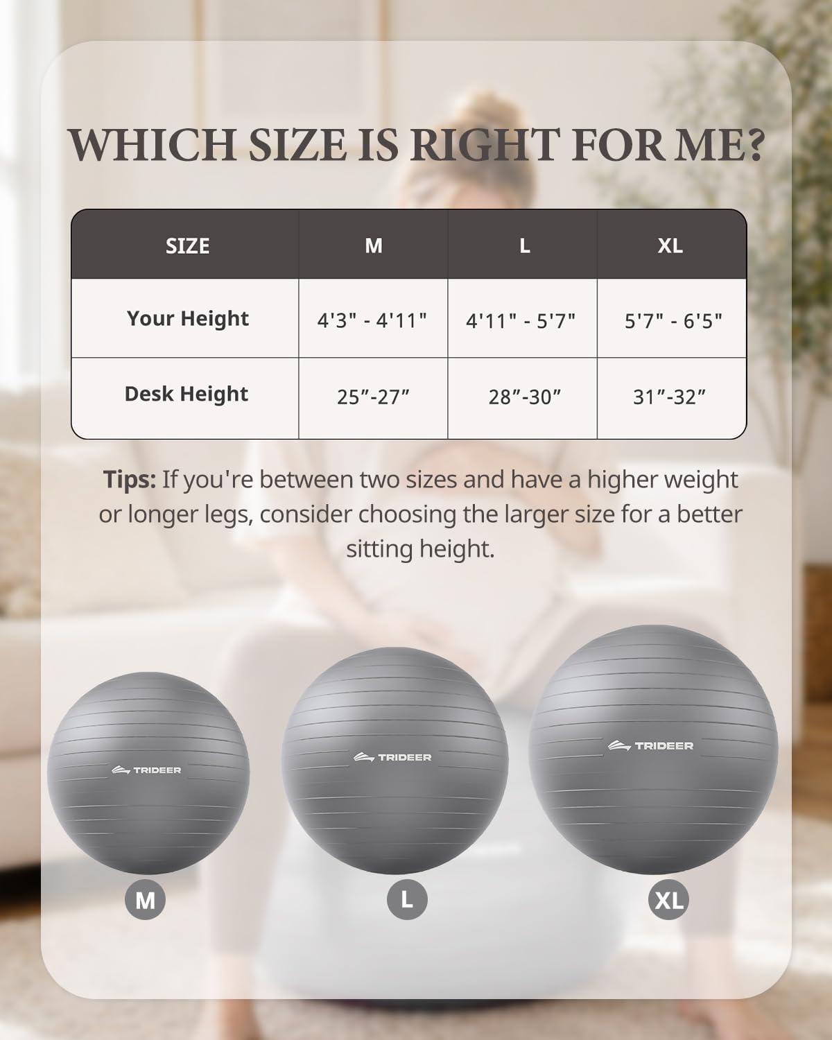 Trideer Exercise Ball, Stability Yoga Ball for Physical Therapy, Active Sitting, Pregnancy & Birth Labor Prep, Core Strength, Balance Training, Posture Improvement and Daily Stretching, 55/65/75cm