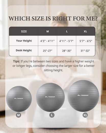 Trideer Exercise Ball, Stability Yoga Ball for Physical Therapy, Active Sitting, Pregnancy & Birth Labor Prep, Core Strength, Balance Training, Posture Improvement and Daily Stretching, 55/65/75cm
