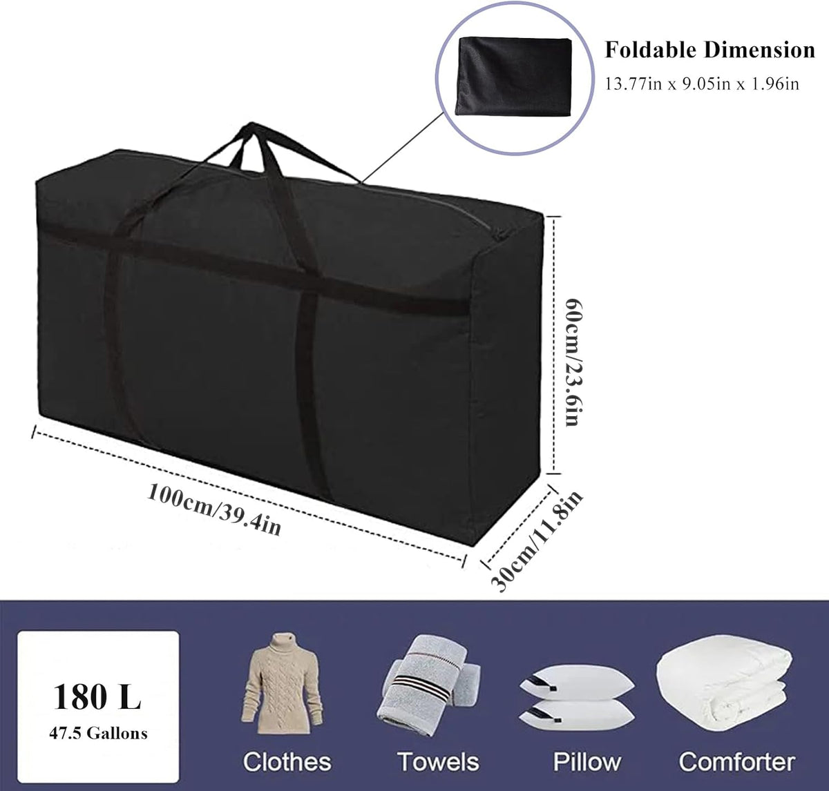 WITERY 180L/47.5 Gallons Extra Large Storage Bags Jumbo Duffle Bag for Travel Moving Totes Boxes Heavy Duty Stronger Handles Zippers Reusable Storage Totes for Bassinet Clothes Blankets Dorms