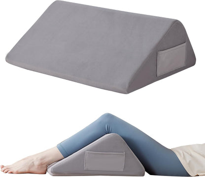 Ruqmuis Knee Pillow for Back Sleeping, 8” Knee Wedge Pillow to Elevate Knee, Leg Pillow for Back Pain Relief, Triangle Pillow, Leg Elevation Pillows for After Surgery, Blood Circulation, White/Grey