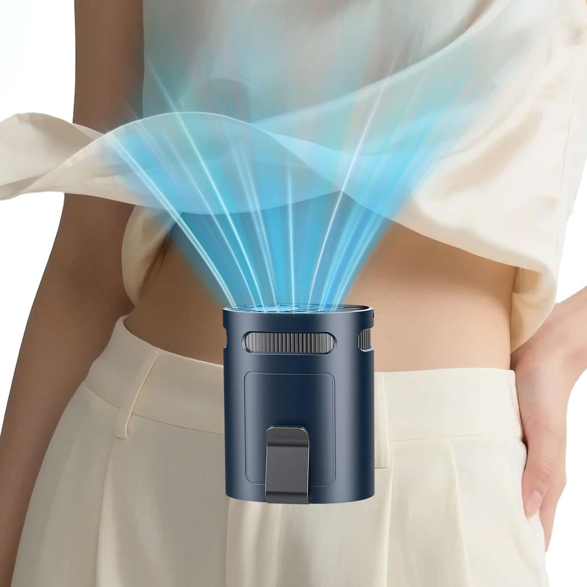Portable Fan Attaches to Belt Shirt-Little Waist Fan Clip on Undershirt Pants Pocket Hip,Cordless Personal Fans that Blow Cold Air, Strap Hangs Neck Conditioner for Travel Camping Sports White