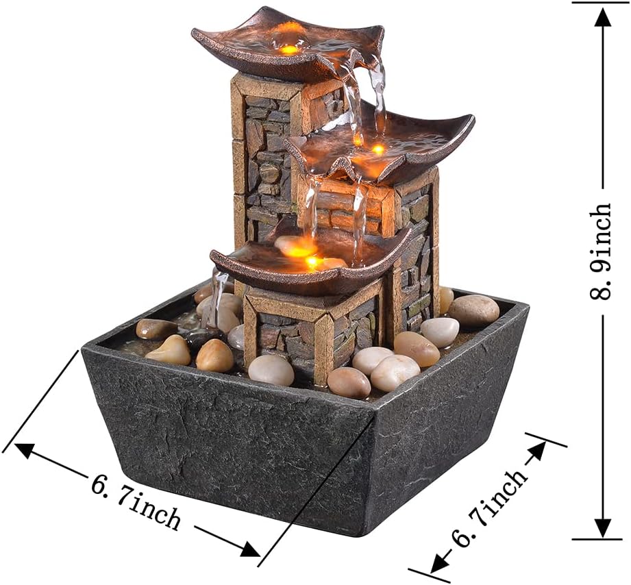 GOSSI Indoor Waterfall Fountain, 10.3" Tabletop Water Fountain with LED Lights & River Rocks, Relaxing Home Office Decor