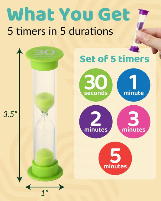 Sand Timer for Kids - 5-Pack Hourglass Timers 30s 1, 2, 3, & 5 Minutes