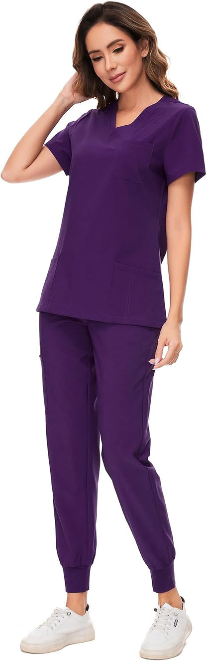 COZYFIT Scrubs for Women Set - Stretch V-Neck Scrub Top & Jogger Pant with 8 Pockets COZY SCRUBS - Colors D