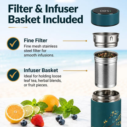 Farasi Tea Infuser for Loose Leaf Tea Smart Water Bottle with Fahrenheit Temperature Display, Stainless Steel Insulated Coffee and Fruit Tea Infuser Bottle - Floral Travel Tea Mugs 15 oz (Black)