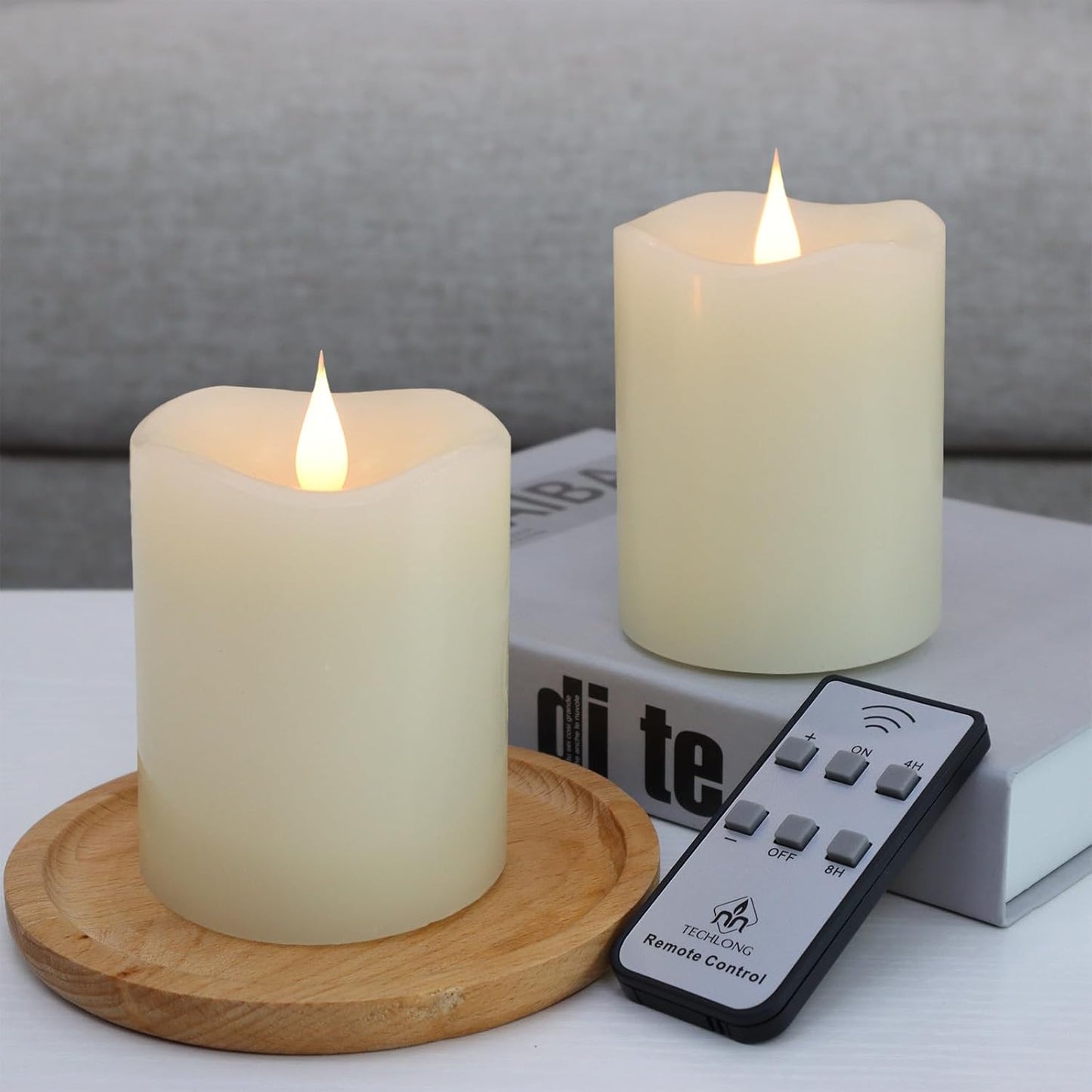 TECHLONG Flameless Candles Battery Operated with Timer, 3D Moving Flame Flickering, Last 600+ Hours Battery Candles, 3" x 3" Ivory Real Wax Electric LED Candle for Wedding Party Decorations