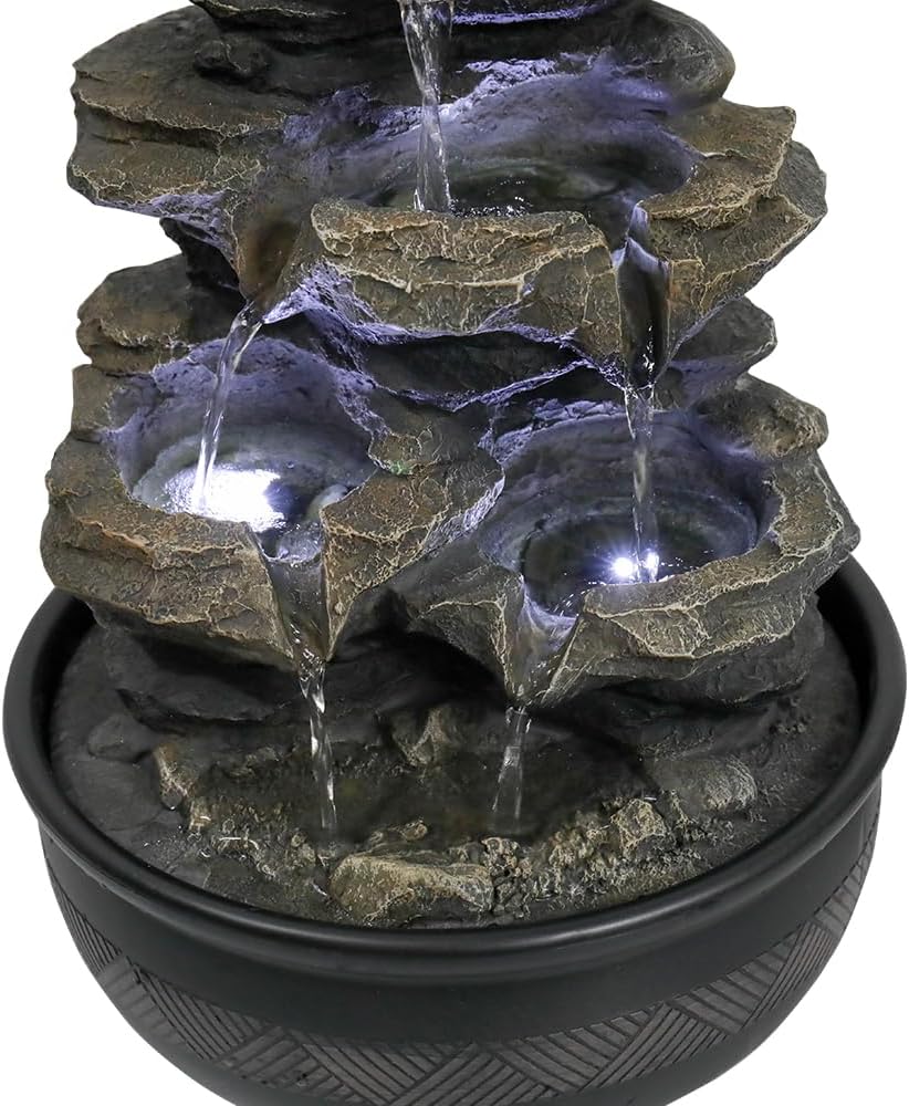 8.3” H Indoor Zen Tabletop Water Fountain, Rock Cascading Waterfall with Spinning Crystal Ball & LED Light for Home Office Decor