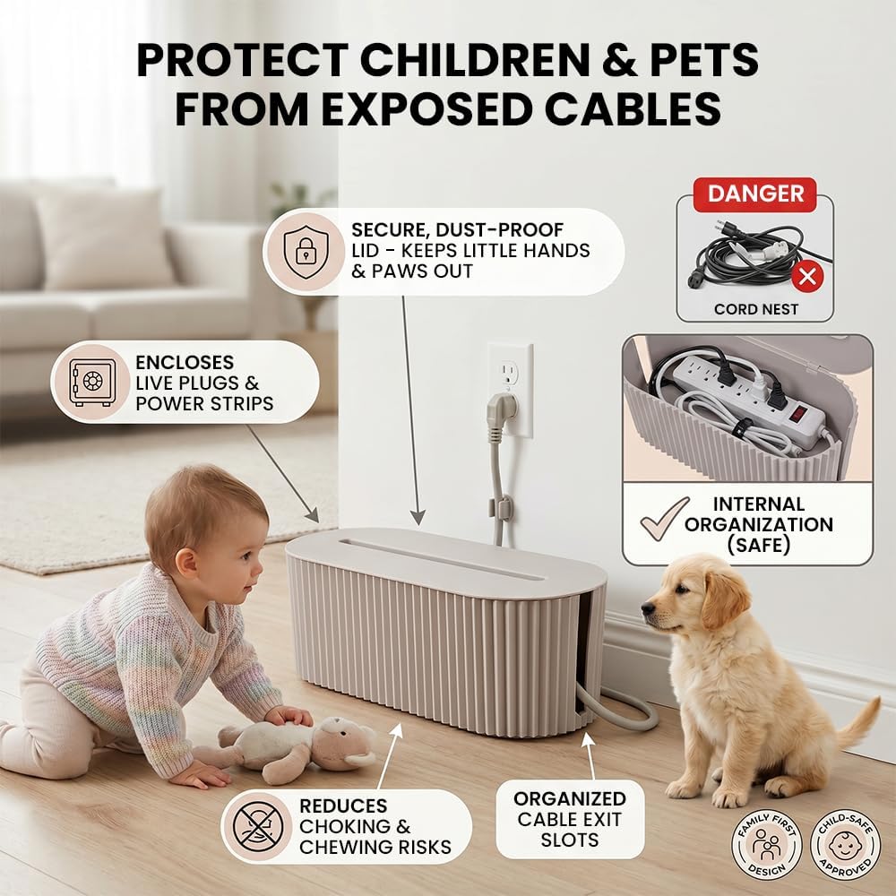 Cable Management Box – Home & Office Desk Cord Organizer Hide Power Strip & Under Desk TV Computer Wire Pet Friendly Child-Proof Floor Cord Management Cover - Beige