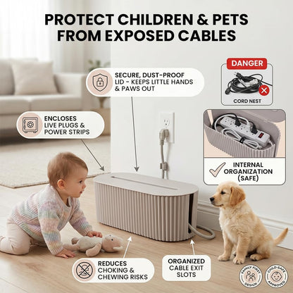 Cable Management Box – Home & Office Desk Cord Organizer Hide Power Strip & Under Desk TV Computer Wire Pet Friendly Child-Proof Floor Cord Management Cover - Beige