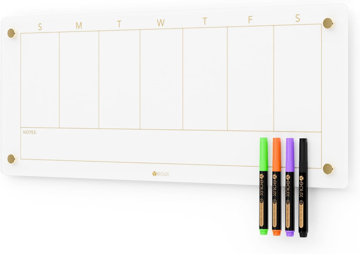 Black Glass Golden Weekly Dry Erase Calendar & Menu Whiteboard for Wall, Meal Planning & Grocery Shopping List White Board for Kitchen & Home, 15x11, 4 Wet Erase Markers Included, Yeoux
