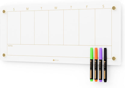 Black Glass Golden Weekly Dry Erase Calendar & Menu Whiteboard for Wall, Meal Planning & Grocery Shopping List White Board for Kitchen & Home, 15x11, 4 Wet Erase Markers Included, Yeoux
