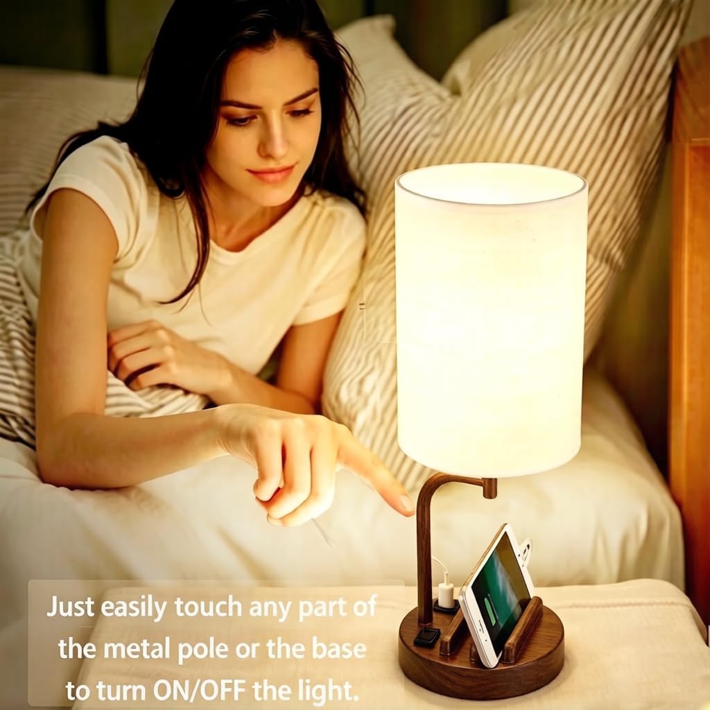 Dreamholder Touch Control USB Table Lamp with USB C/A & AC Outlet, 3-Way Dimmable Bedside Lamp, Modern Nightstand Lamps for Bedroom Living Room Guest Room Office, Bulb Included, Gold
