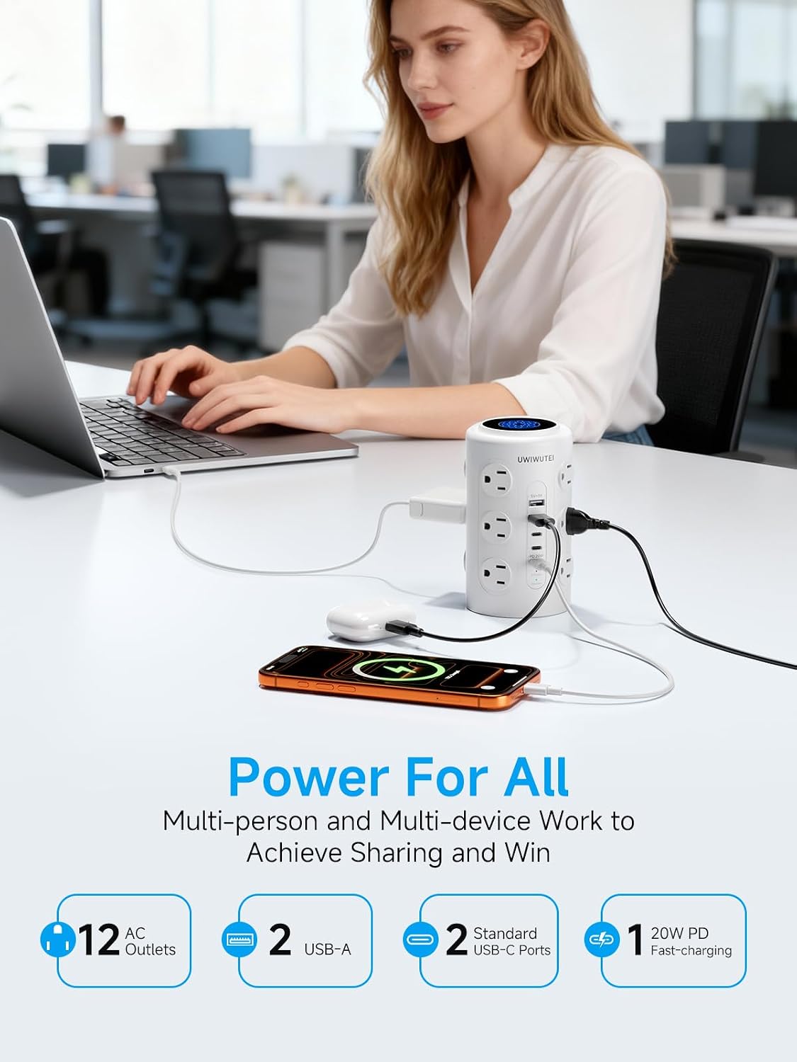 10FT Tower Power Strip with Dedicated 20W PD USB-C Port