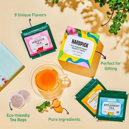 HANDPICK, Tea Bags Sampler Assortment Variety pack (8 Flavors, 40 Tea Bags)