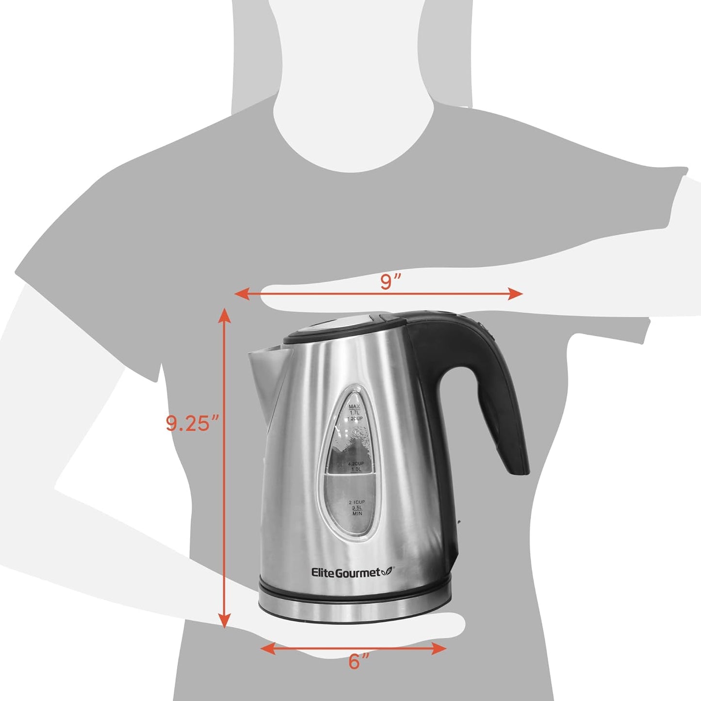Elite Gourmet EKT5051 1.7L Electric Water Kettle, BPA-Free, Fast Boil, Auto Shut-Off, Boil-dry Protection, 360° Swivel Base with Cordless Serving, Clear-view Window with Water Level Markings, Black