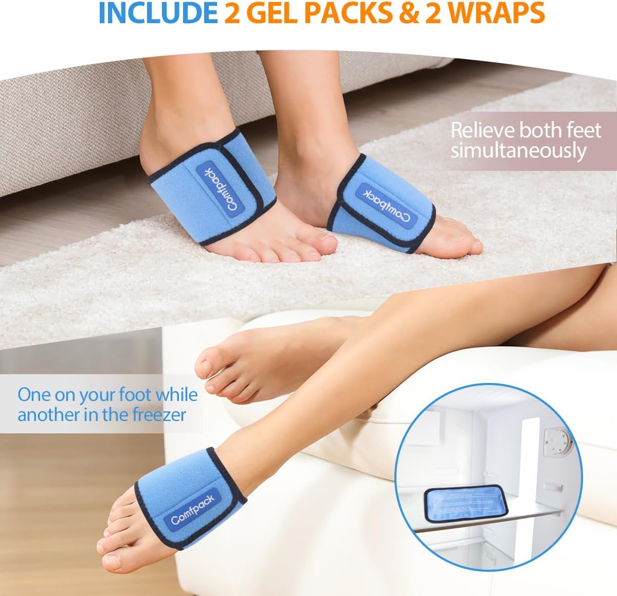 Comfpack Cold Therapy Wrap with 2 Packs for Pain Relief, Reusable Gel Ice Packs for Foot Plantar, Wrist, Ankle, Great for Sprains, Muscle Pain, Bruises, Injuries