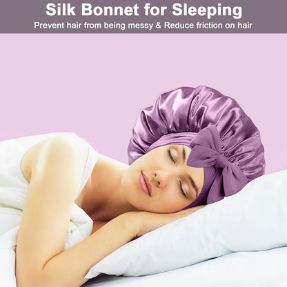 2Pcs Silk Hair Satin Bonnet for Sleeping Women,Large Satin Sleep Bonnets for Women with Elastic Tie Band Silk Hair Wrap with Ajustable Straps,Night Sleep Cap for Curly Braids,Black+Rose Gold