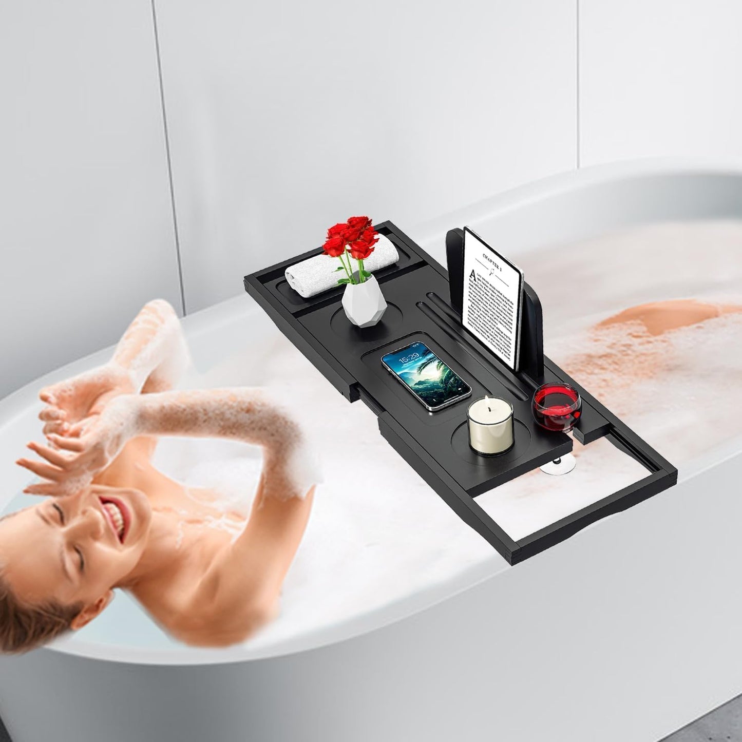 Premium Bamboo Bathtub Tray Caddy - Bath Tub Tray Table for Bathtub - Bath Caddy Tray for Bathtub, Expandable Size, Fits Most Bath Tubs