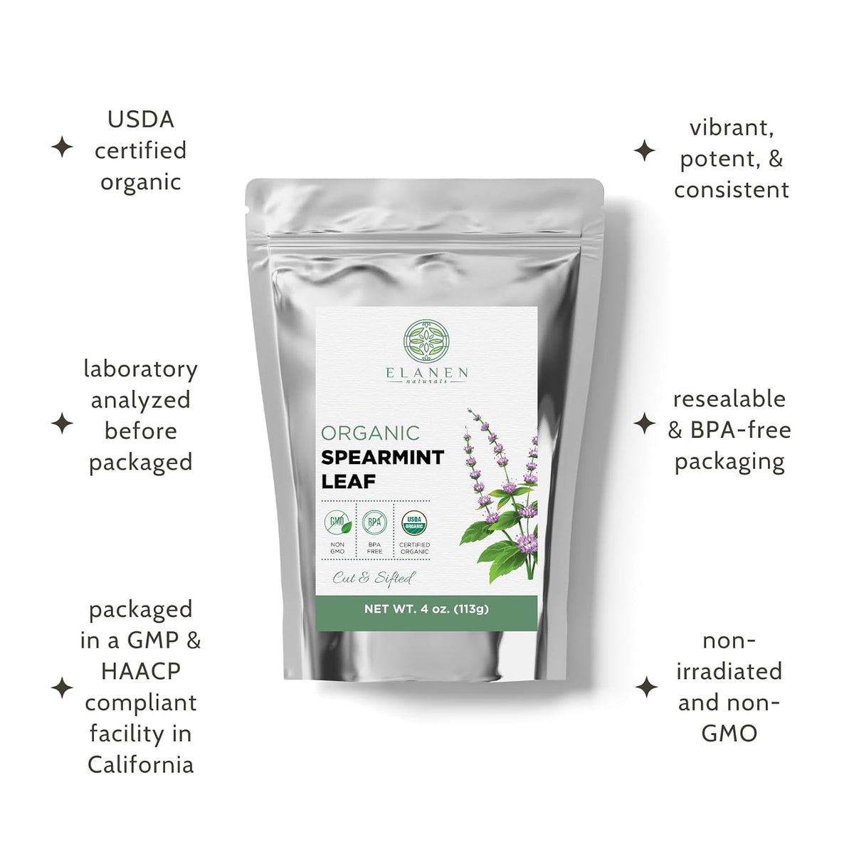 Organic Spearmint Leaves 4 oz. (113g), USDA Certified Organic Spearmint Tea Dried Loose Leaf, Dry Mint, Cut & Sifted