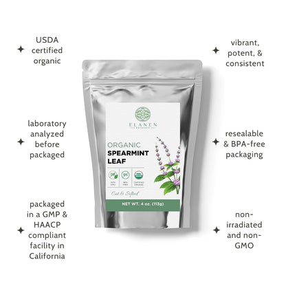Organic Spearmint Leaves 4 oz. (113g), USDA Certified Organic Spearmint Tea Dried Loose Leaf, Dry Mint, Cut & Sifted