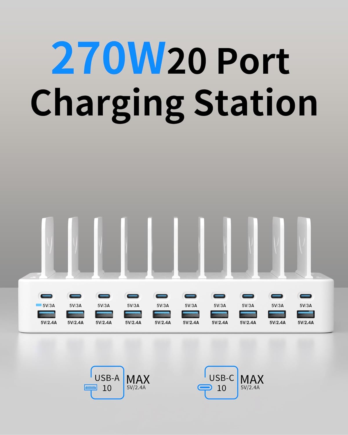 20-Port 270W Charging Station for Multiple Devices, USB Charger Station
