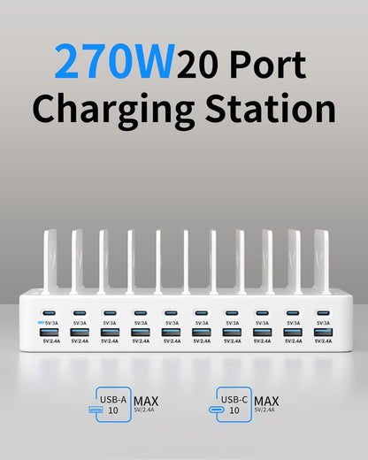 20-Port 270W Charging Station for Multiple Devices, USB Charger Station