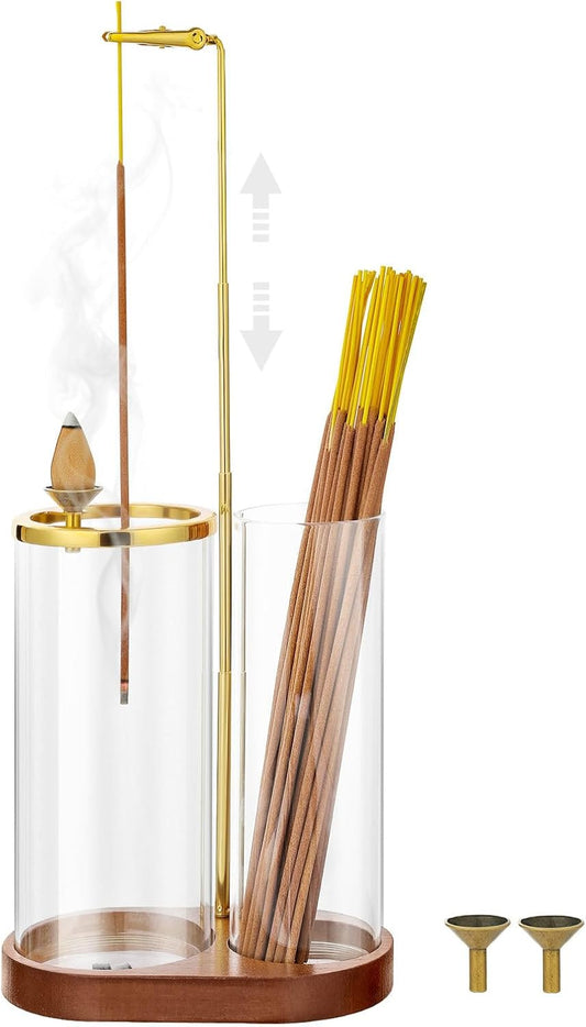 3 in 1 Incense Holder for Sticks Upside Down Anti-Ash Incense Burner with Glass Ash Catcher Backflow Cone Incense Diffuser with Adjustable Threaded Mounting for Mediation Yoga Spa Gifts Home Decor